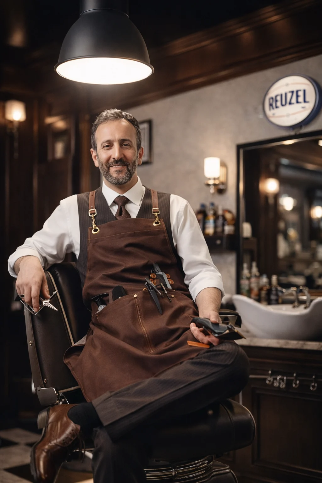 Porträt aus der Shopgalerie: Barber mit Lederschürze, Schere und Haarschneidemaschine