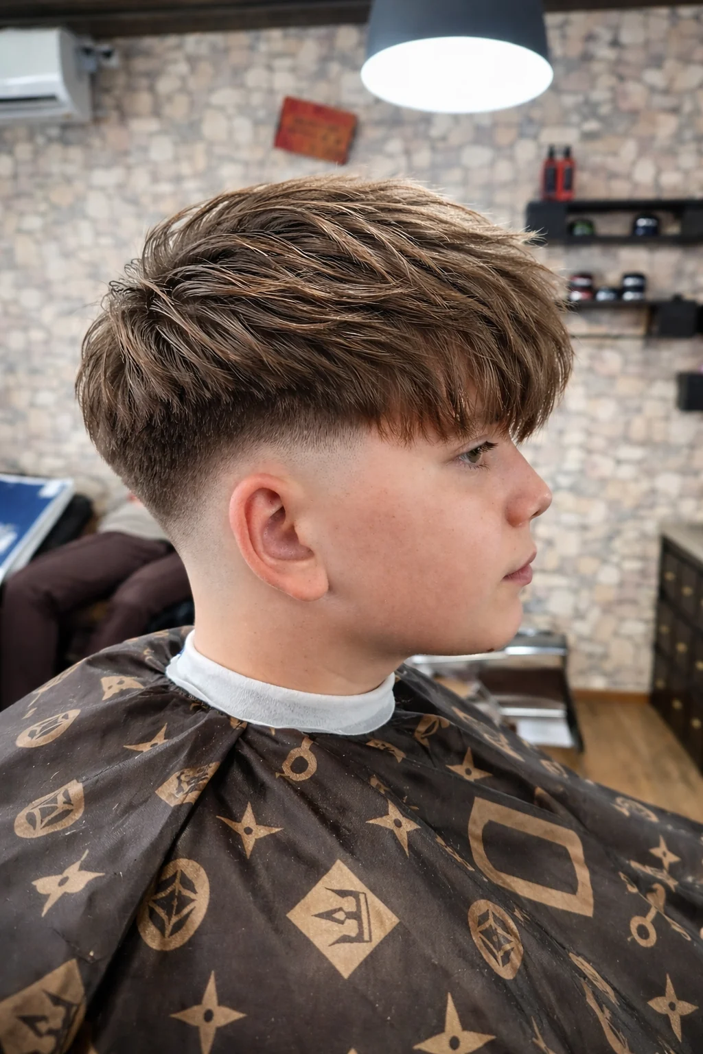 Seitenansicht eines Haarschnitts mit texturiertem Deckhaar und kurzem Übergang
