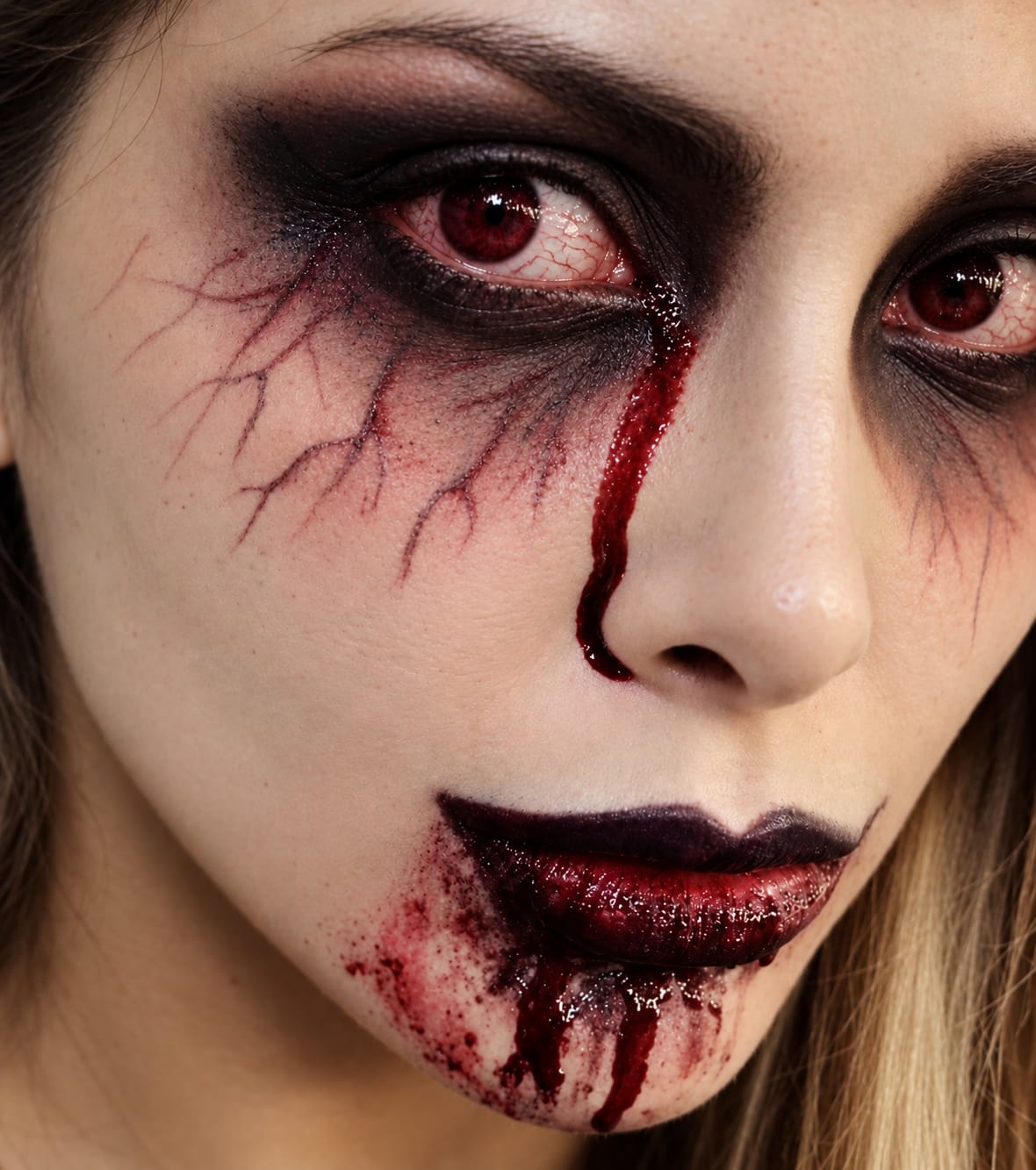 Geschminktes Gesicht mit roten Augen, dunklem Augen-Make-up und künstlichen Blutspuren